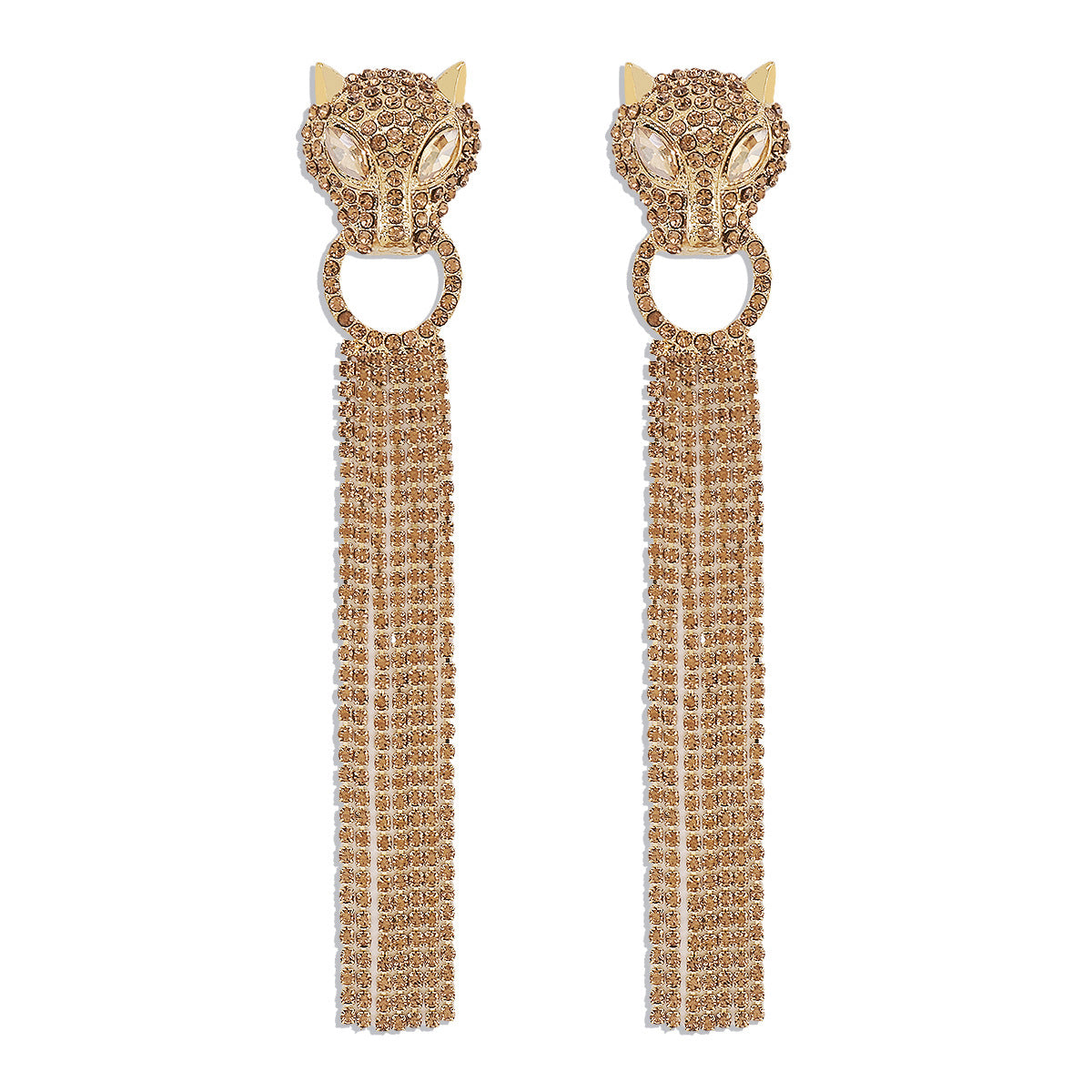 Leopard Head Rhinestone Tassel Earrings - Frazeshop