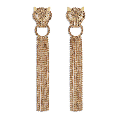 Leopard Head Rhinestone Tassel Earrings - Frazeshop