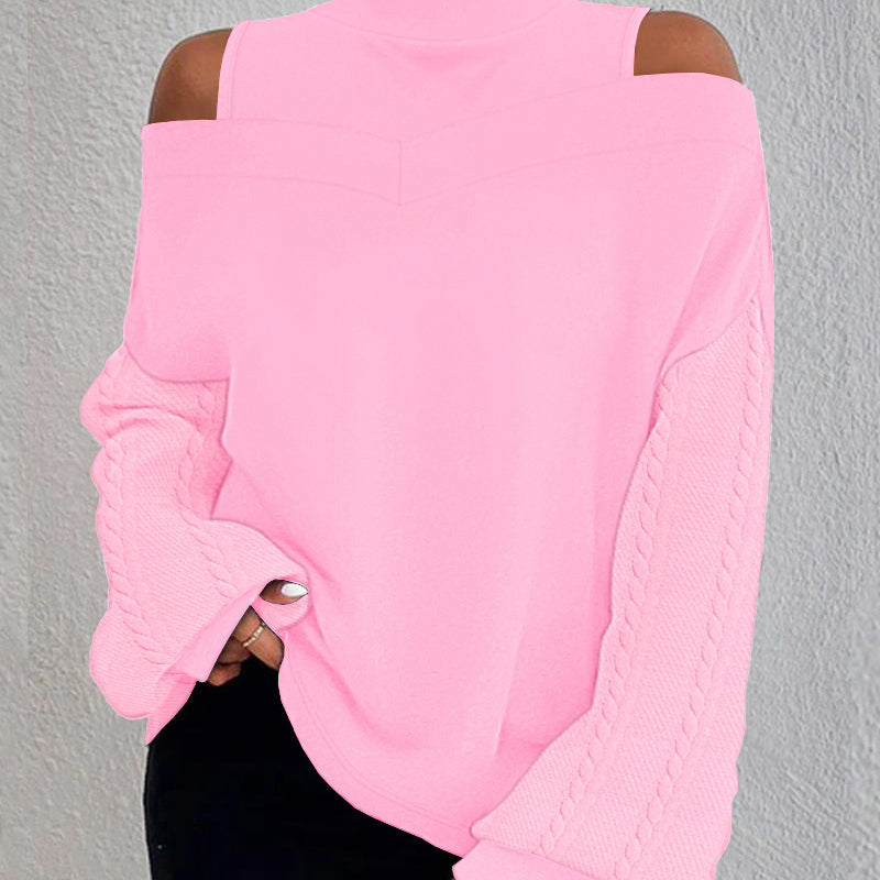 European And American Twist Patchwork Cold-shoulder Long-sleeved Top - Frazeshop