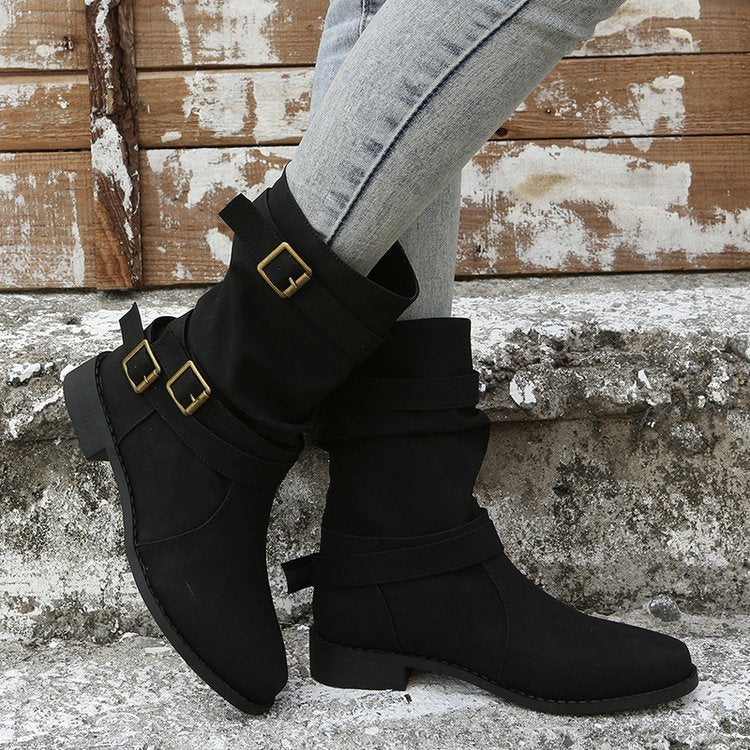 Low Heel Vintage Adjustable Buckle Boots - Frazeshop