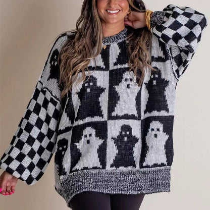 Ghost/pumpkin Checkerboard Print Pullover Sweater