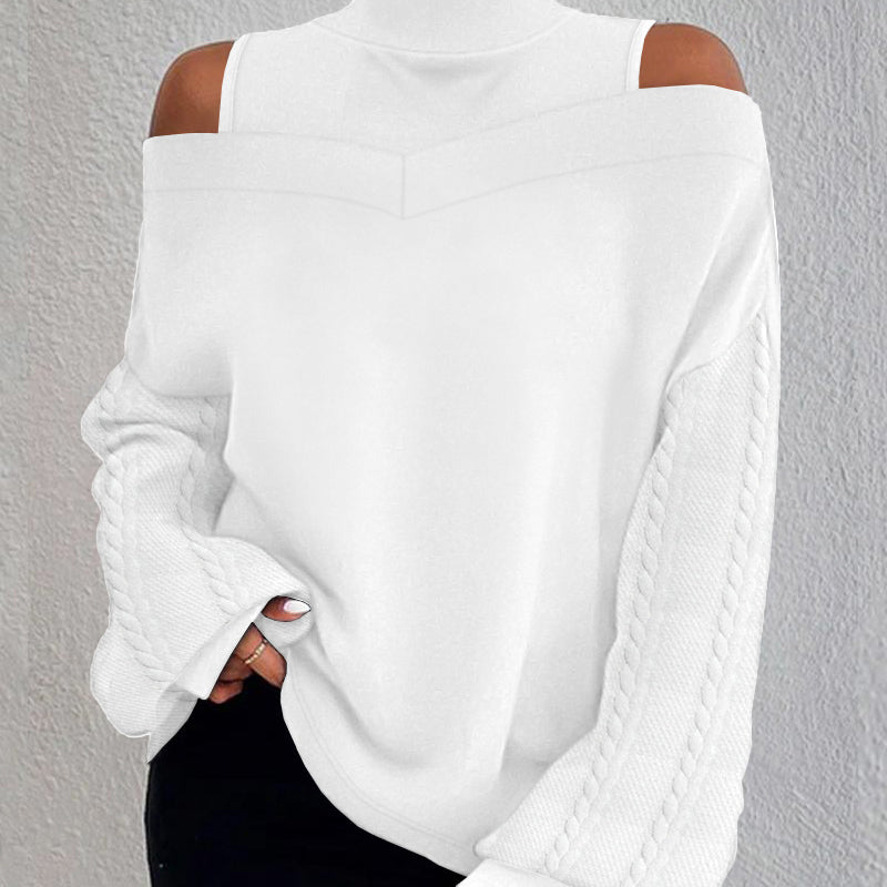 European And American Twist Patchwork Cold-shoulder Long-sleeved Top - Frazeshop