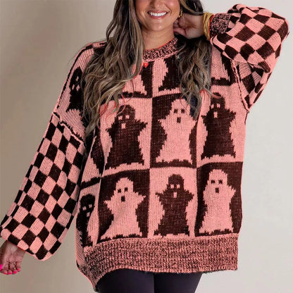 Ghost/pumpkin Checkerboard Print Pullover Sweater