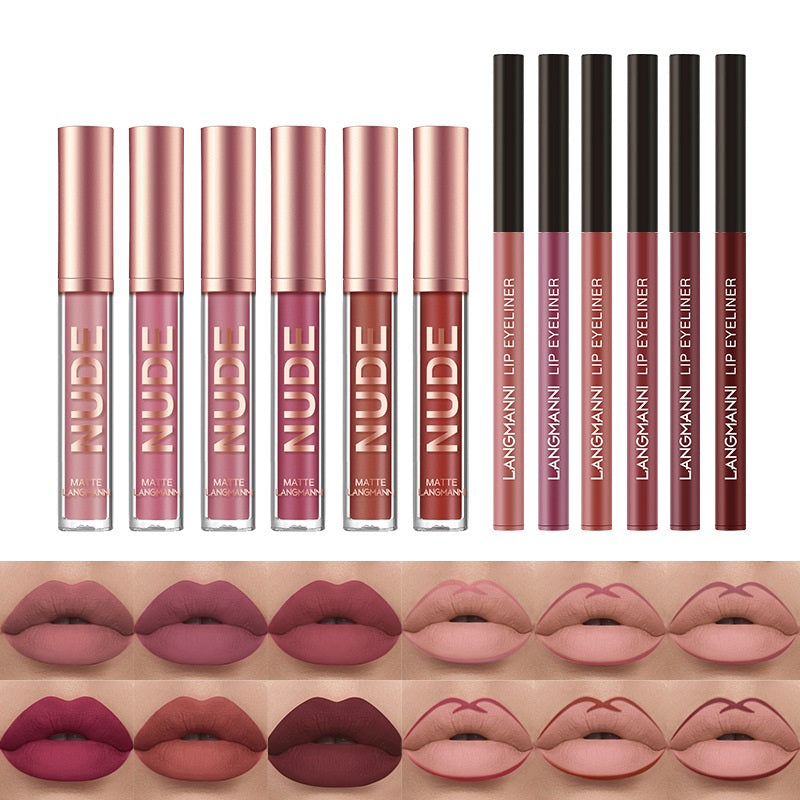 No Stain On Cup Matte Lip Gloss Lip Liner Combination 12 Pieces Set - Frazeshop