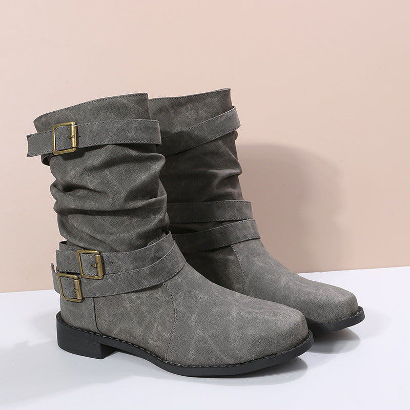 Low Heel Vintage Adjustable Buckle Boots - Frazeshop