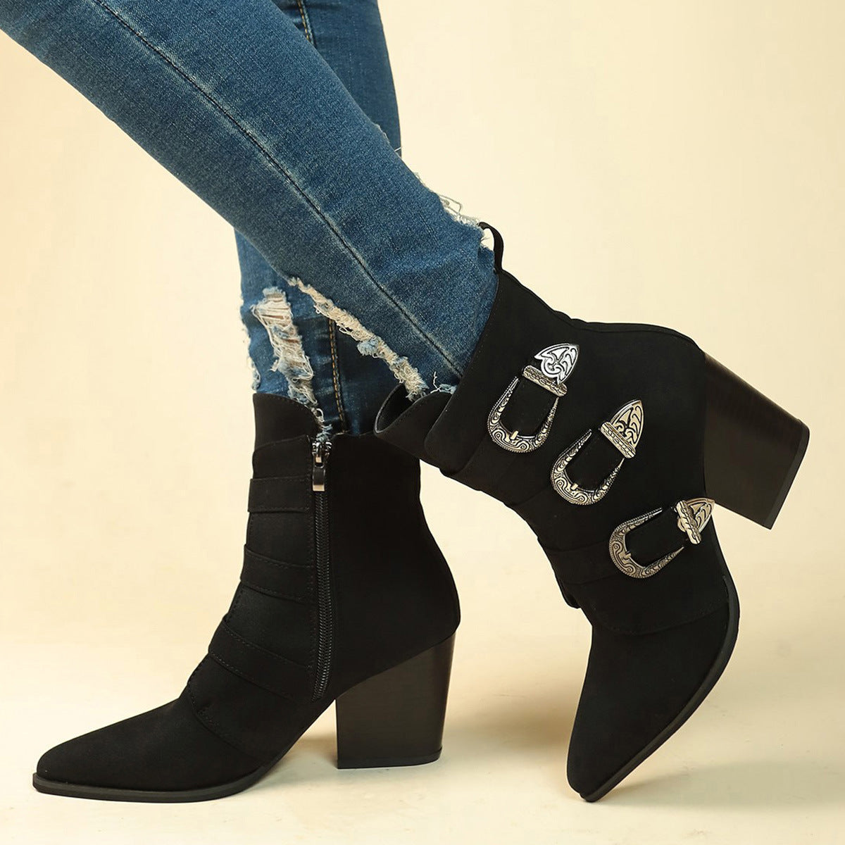 Retro Mid-calf Boots | Pointed Toe Boots With Belt Buckle Design