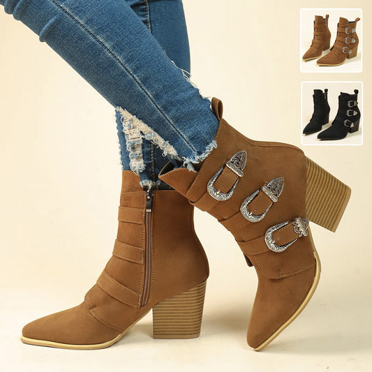 Retro Mid-calf Boots | Pointed Toe Boots With Belt Buckle Design