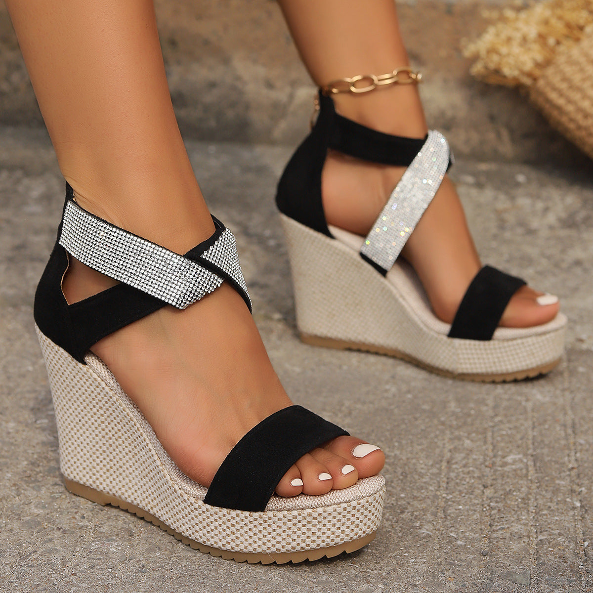 High Wedges Sandals With Rhinestone Design | Platform Shoes - Frazeshop