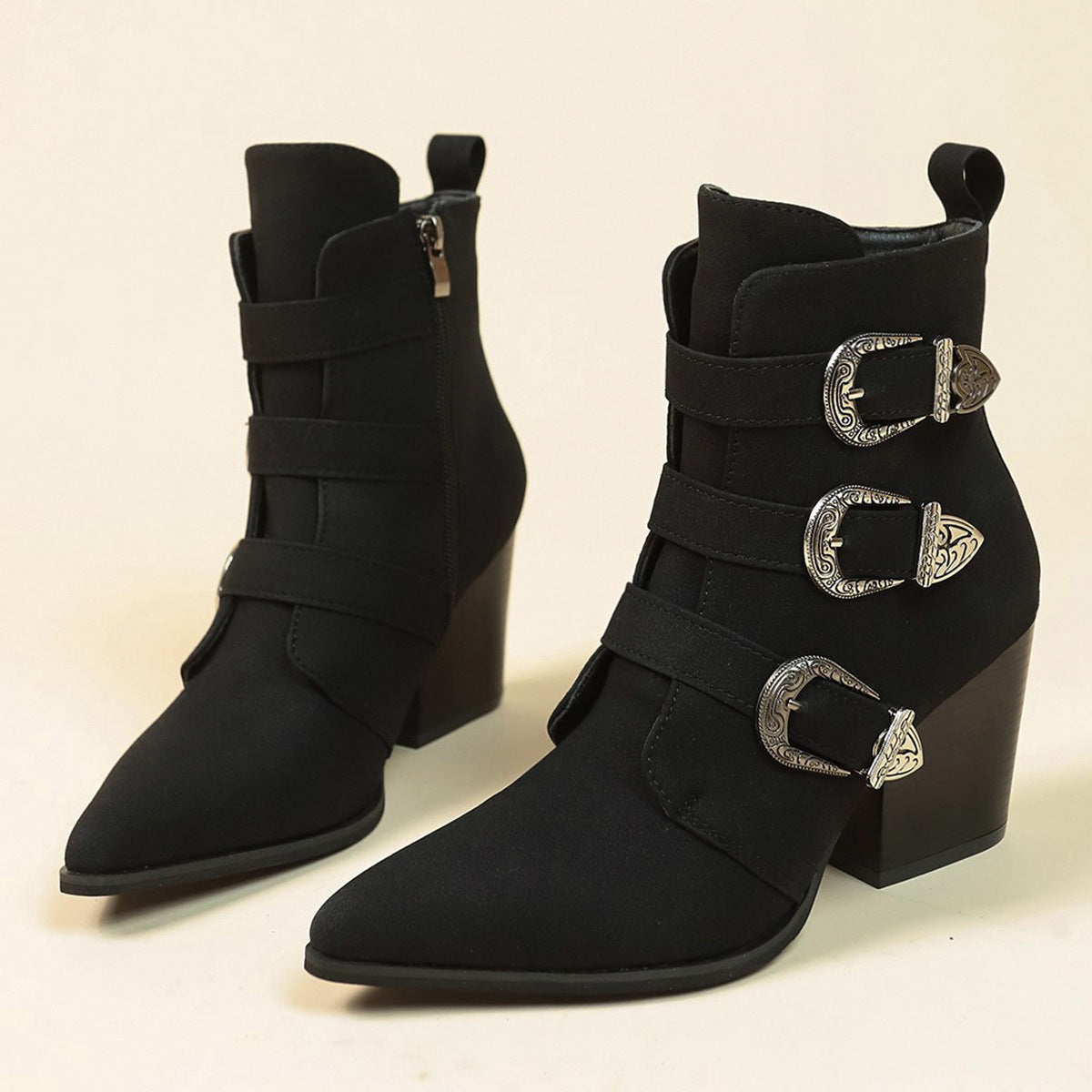 Retro Mid-calf Boots | Pointed Toe Boots With Belt Buckle Design