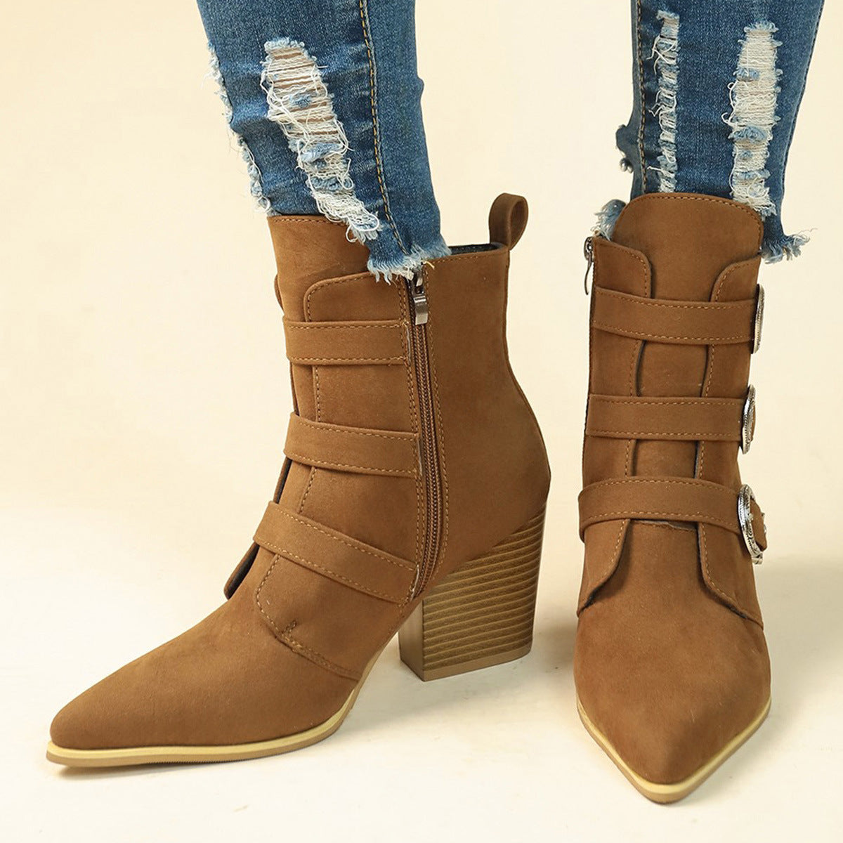 Retro Mid-calf Boots | Pointed Toe Boots With Belt Buckle Design