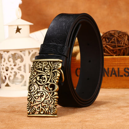 Ladies Leather Engraved With Hollow Buckle Printed Cowhide Belt - Frazeshop