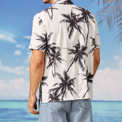 Mens Hawaiian Beach Print Casual White Short Sleeves - Frazeshop