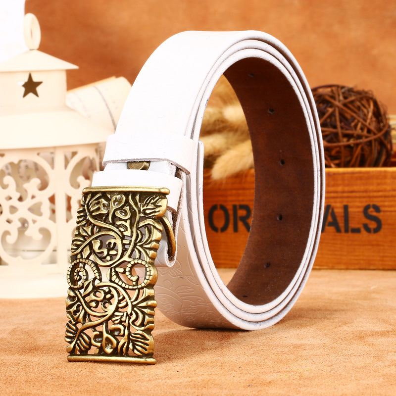 Ladies Leather Engraved With Hollow Buckle Printed Cowhide Belt - Frazeshop