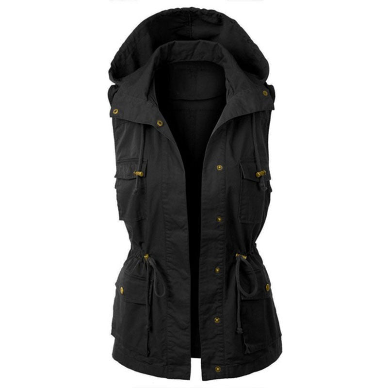 Women's Fashion Solid Color Work Vest Hooded Drawstring Coat - Frazeshop