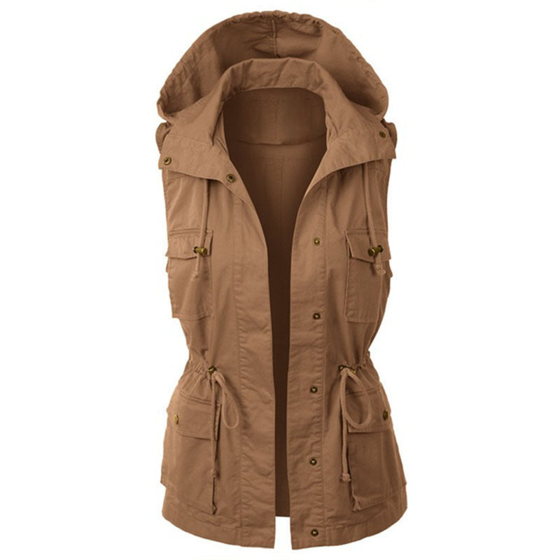 Women's Fashion Solid Color Work Vest Hooded Drawstring Coat - Frazeshop