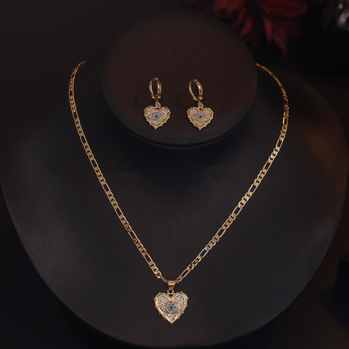 Gold Heart-shaped Zircon Pendant Necklace & Earrings - Frazeshop