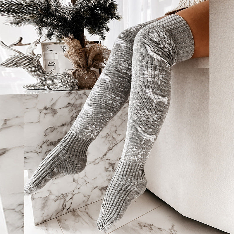 Winter Christmas Warm Knitted Women Stocking Beautiful Elk Snowflake Jacquard Over-the-knee Casual Long Socks For Ladies Gifts Free Size - Frazeshop