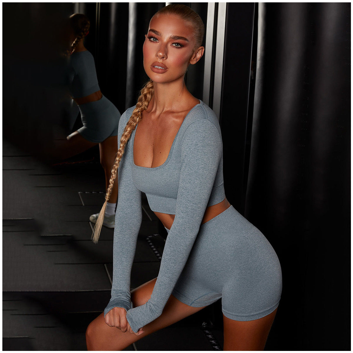 Knitted Classic Flat Collar Long Sleeve Yoga Suit - Frazeshop