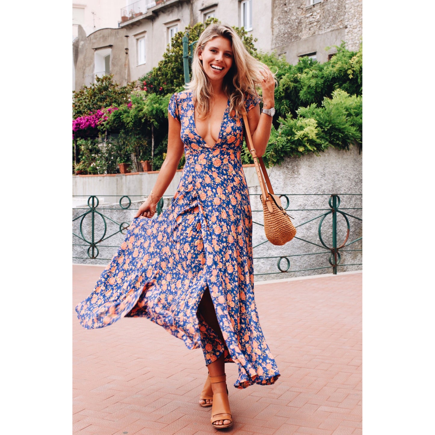 V-neck Floral Dress - Frazeshop