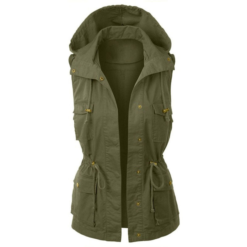 Women's Fashion Solid Color Work Vest Hooded Drawstring Coat - Frazeshop