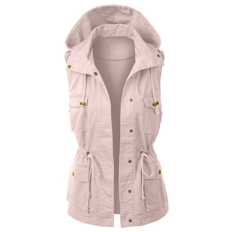 Women's Fashion Solid Color Work Vest Hooded Drawstring Coat - Frazeshop