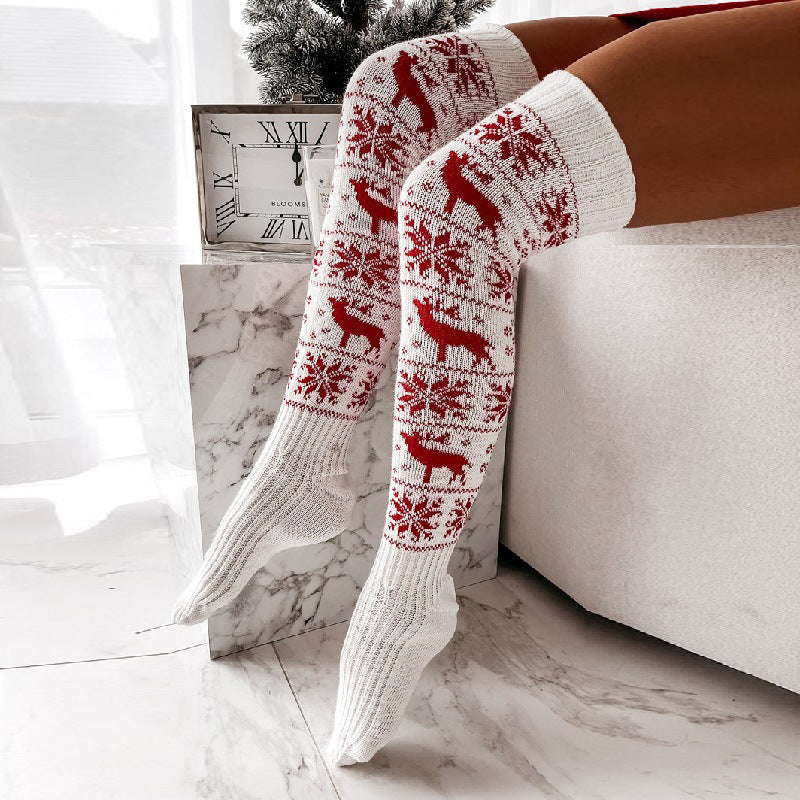 Winter Christmas Warm Knitted Women Stocking Beautiful Elk Snowflake Jacquard Over-the-knee Casual Long Socks For Ladies Gifts Free Size - Frazeshop