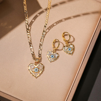 Gold Heart-shaped Zircon Pendant Necklace & Earrings - Frazeshop