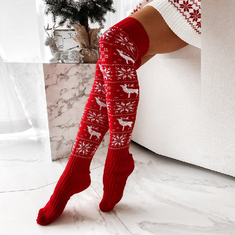 Winter Christmas Warm Knitted Women Stocking Beautiful Elk Snowflake Jacquard Over-the-knee Casual Long Socks For Ladies Gifts Free Size - Frazeshop