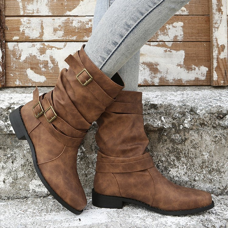 Low Heel Vintage Adjustable Buckle Boots - Frazeshop