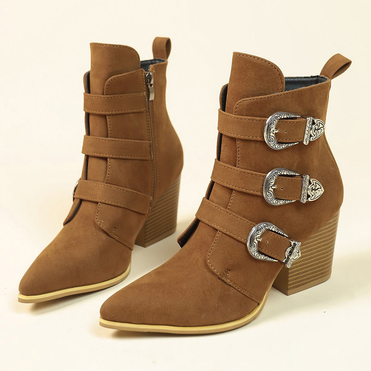 Retro Mid-calf Boots | Pointed Toe Boots With Belt Buckle Design