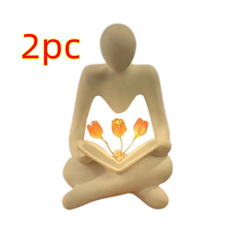 Nordic Abstract Thinker Statue Lights Creative Reader Tulip Book Sculpture Night Lamp Desk Bookshelf Figurines Decor - Frazeshop