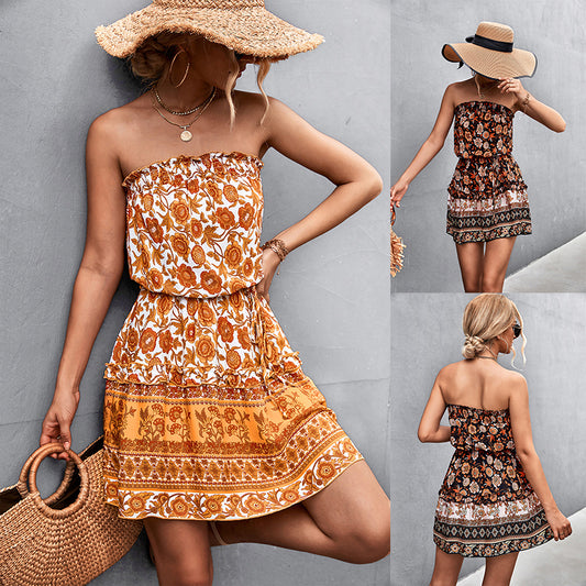 Women's Bohemian Floral Print Strapless Summer Beach Dress - Frazeshop