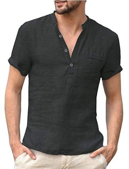 Casual Linen Solid Color V Neck Beach Shirt - Frazeshop