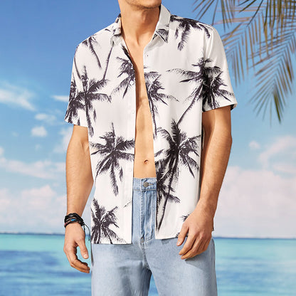 Mens Hawaiian Beach Print Casual White Short Sleeves - Frazeshop