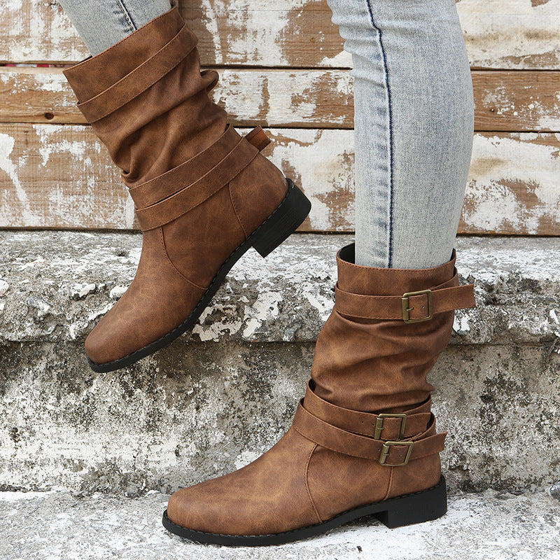 Low Heel Vintage Adjustable Buckle Boots - Frazeshop