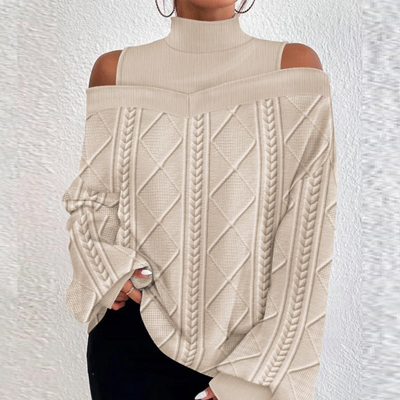 European And American Twist Patchwork Cold-shoulder Long-sleeved Top - Frazeshop