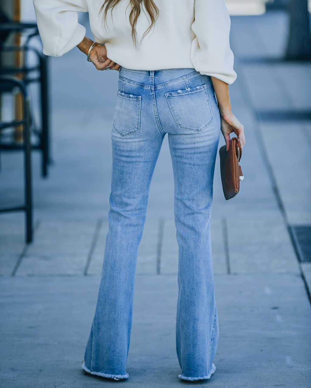 Simple Bell Bottom Washed Denim Trousers With Pockets For Women