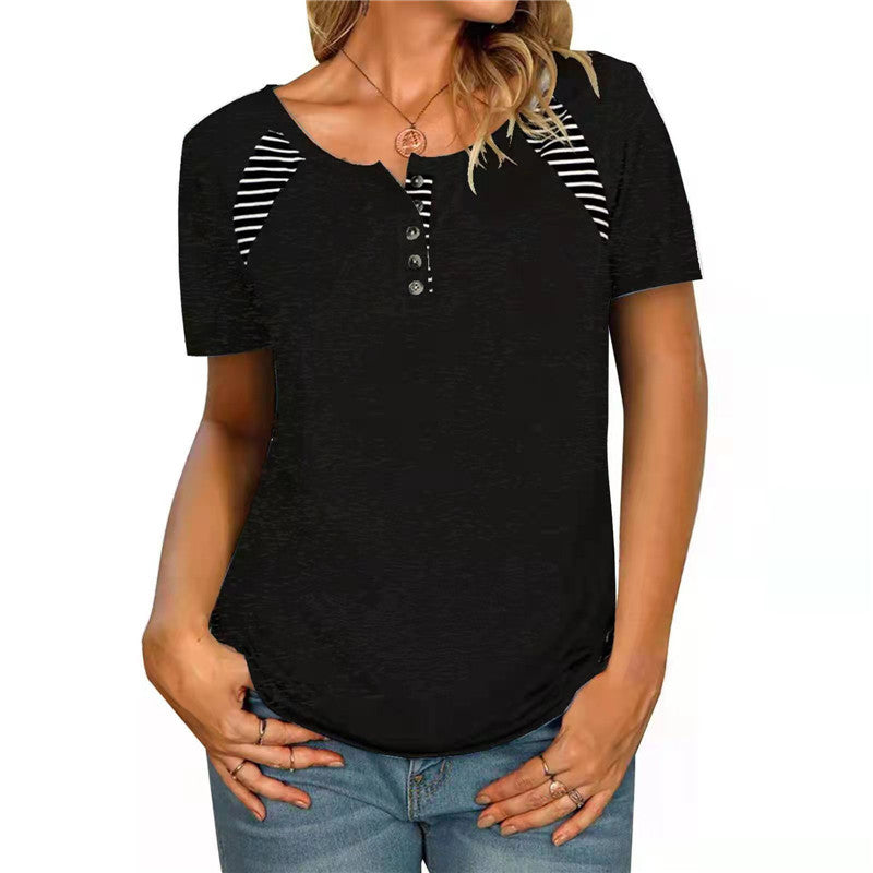 Womens Short Sleeve Printed Striped Casual TShirt Top - Frazeshop