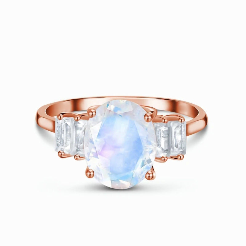 S925 Sterling Silver Oval Moonstone Ring Jewelry - Frazeshop