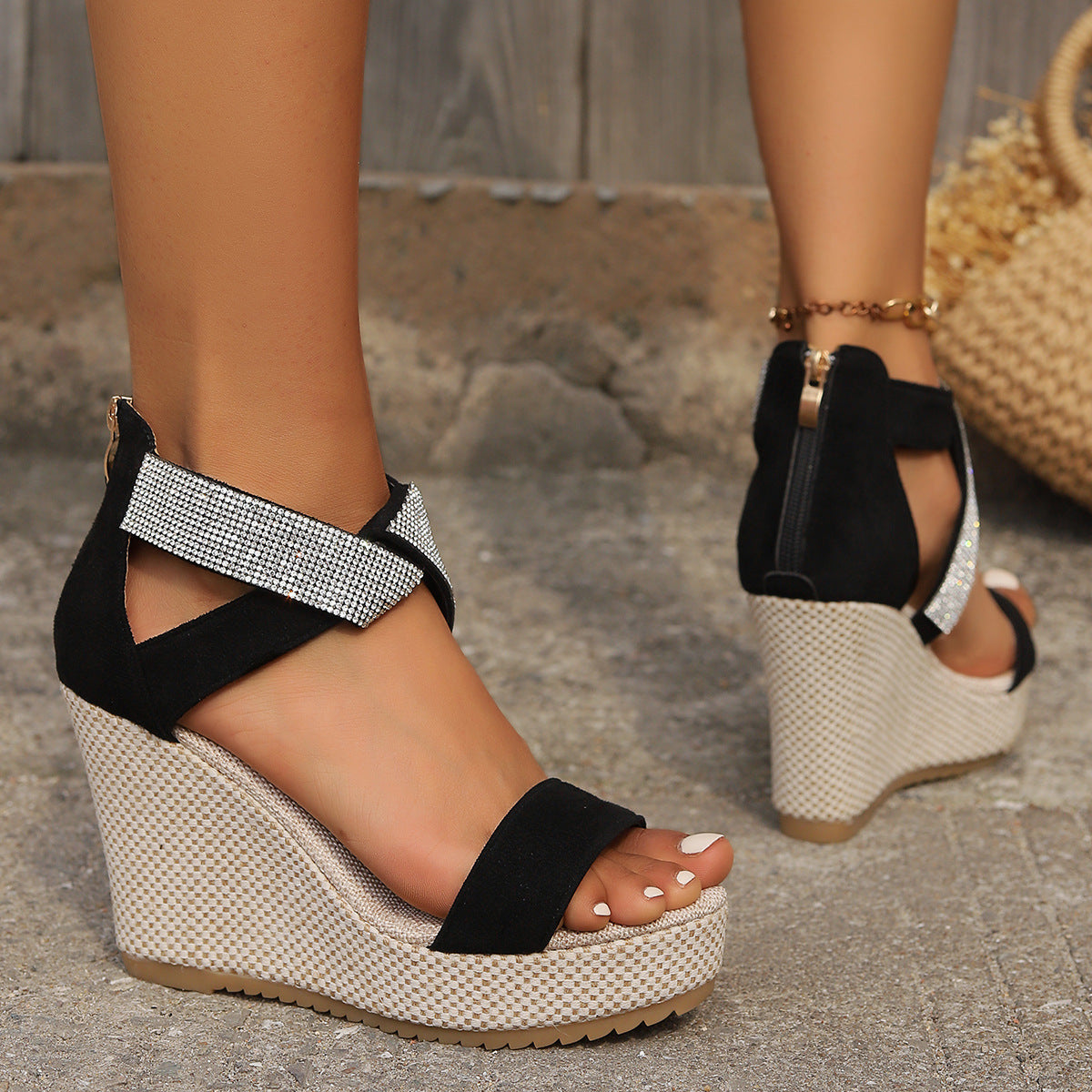 High Wedges Sandals With Rhinestone Design | Platform Shoes - Frazeshop