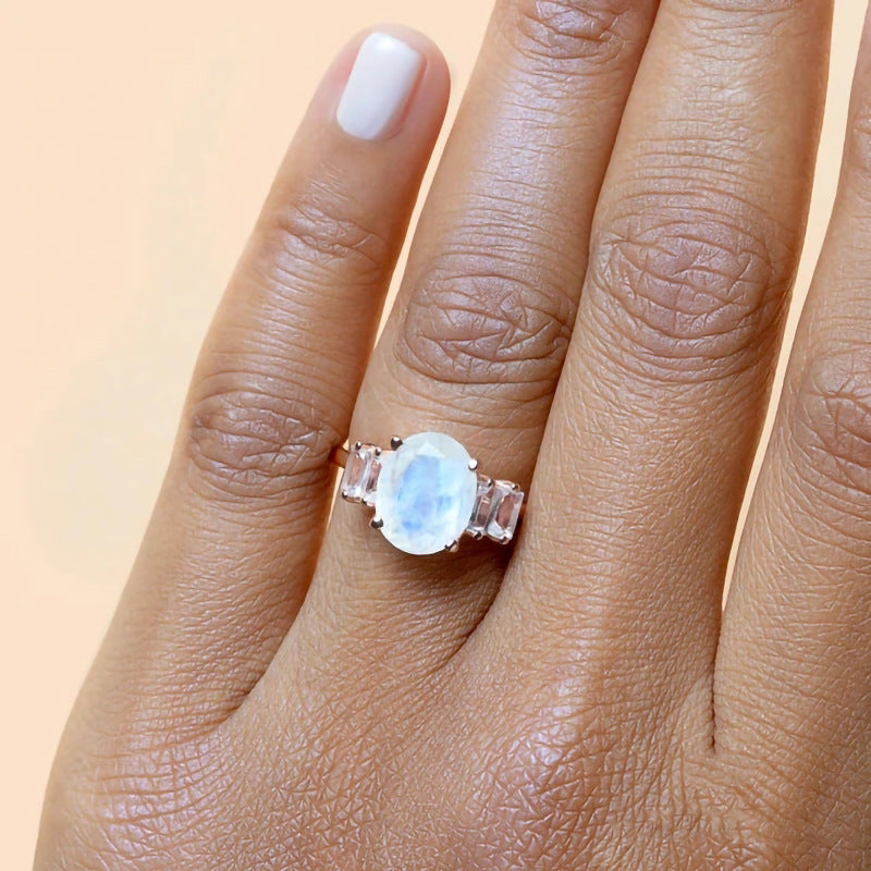 S925 Sterling Silver Oval Moonstone Ring Jewelry - Frazeshop