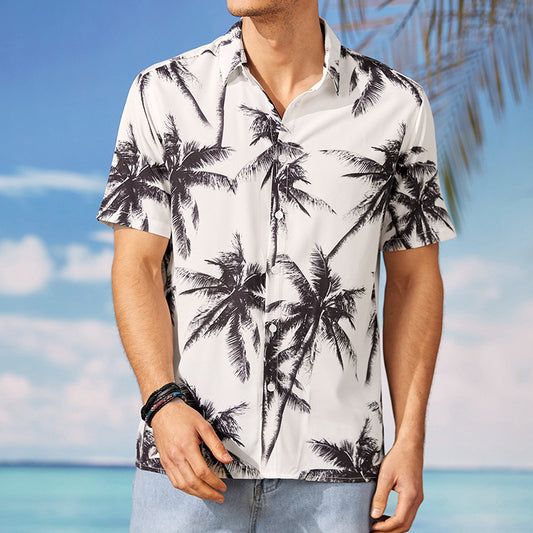 Mens Hawaiian Beach Print Casual White Short Sleeves - Frazeshop