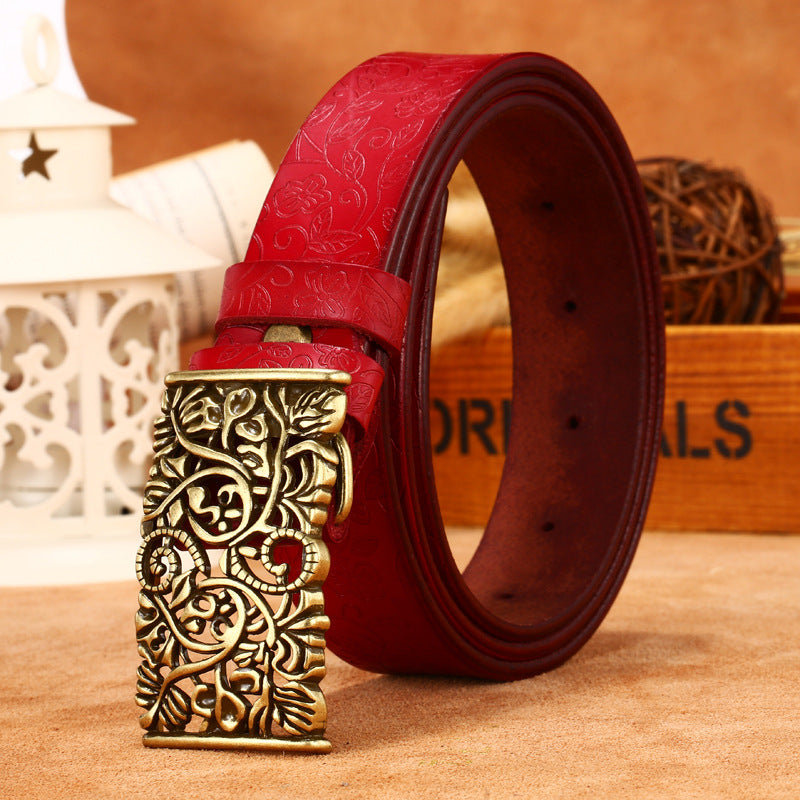 Ladies Leather Engraved With Hollow Buckle Printed Cowhide Belt - Frazeshop