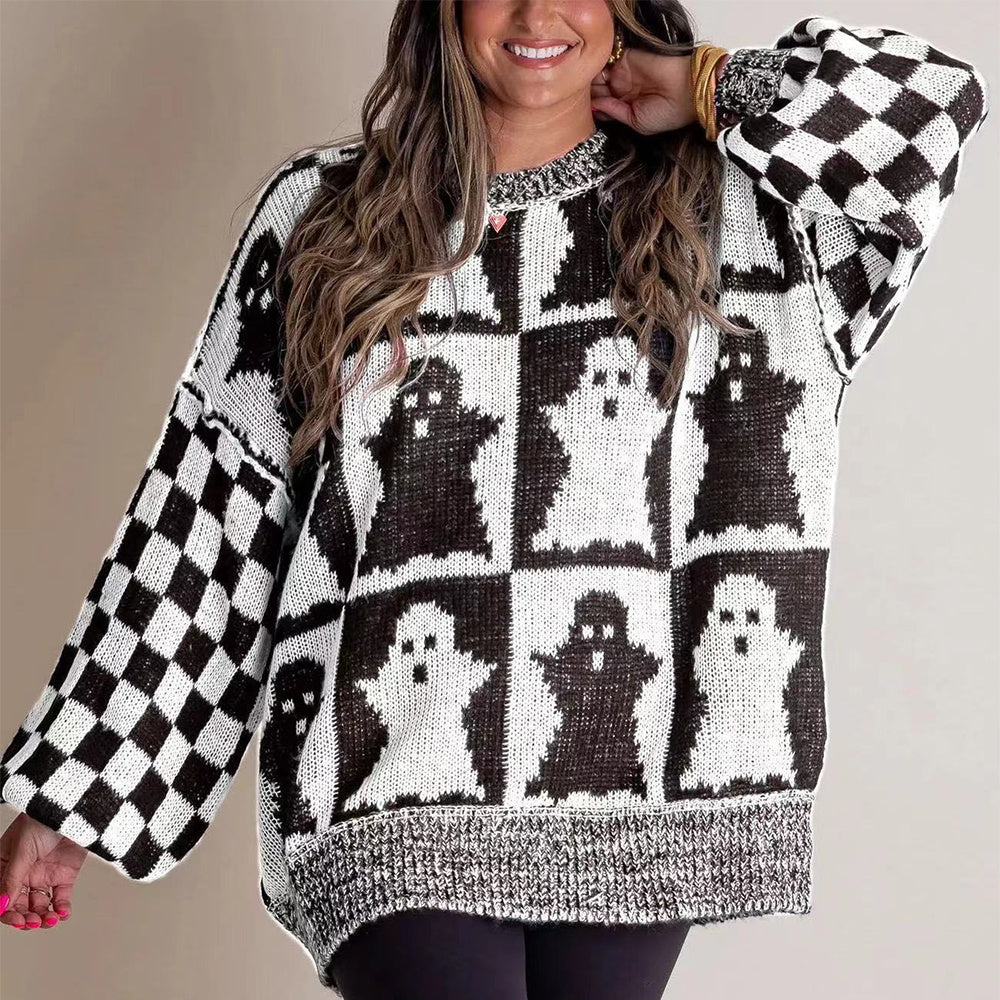 Ghost/pumpkin Checkerboard Print Pullover Sweater