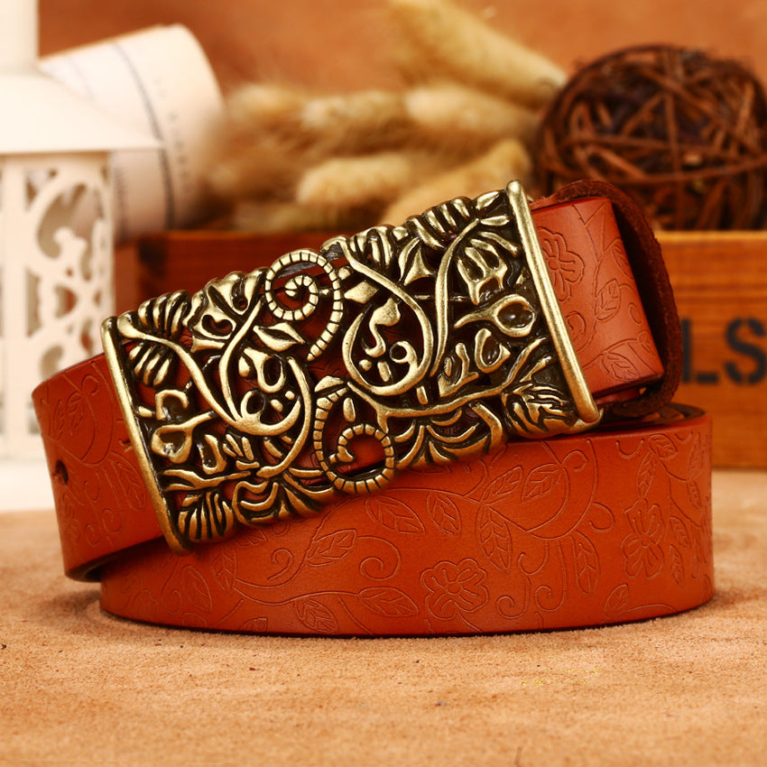 Ladies Leather Engraved With Hollow Buckle Printed Cowhide Belt - Frazeshop