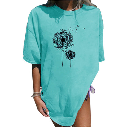 Summer Plus Size Women's Clothes Dandelion Printed Mid-length T-shirt - Frazeshop