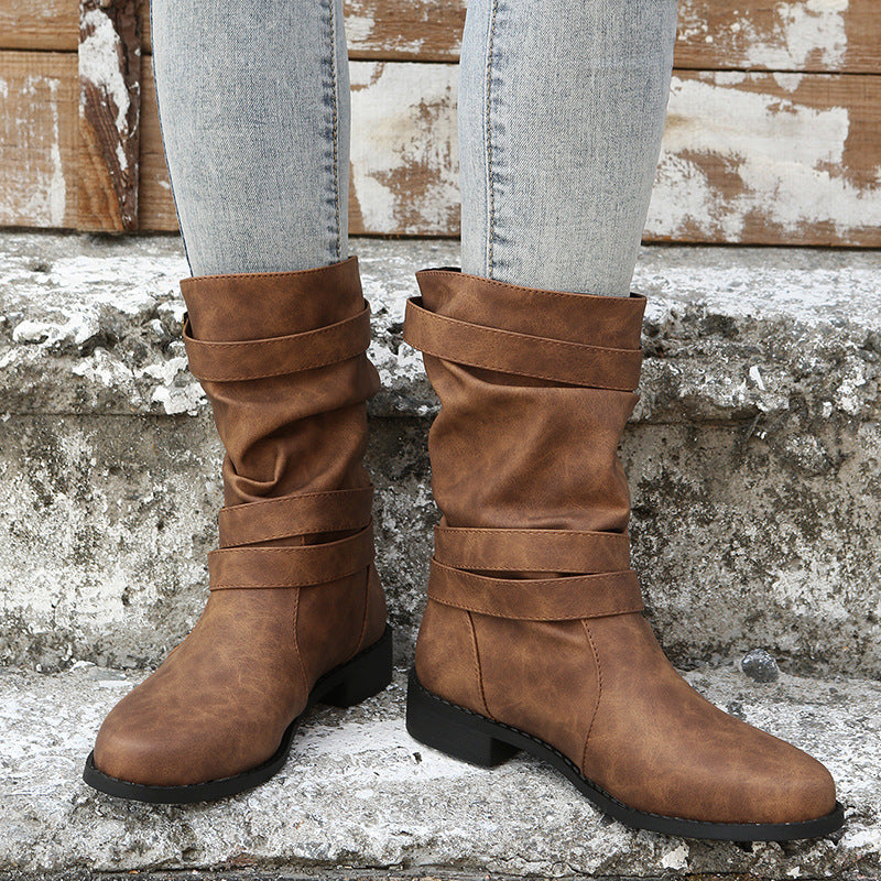 Low Heel Vintage Adjustable Buckle Boots - Frazeshop