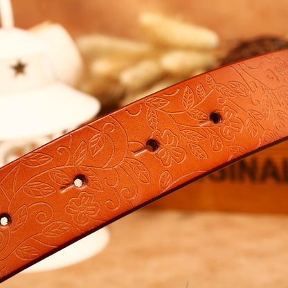 Ladies Leather Engraved With Hollow Buckle Printed Cowhide Belt - Frazeshop