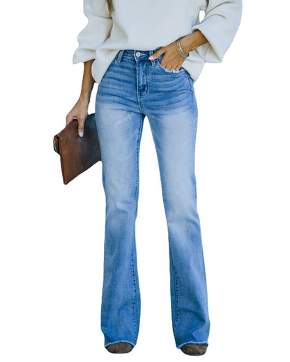 Simple Bell Bottom Washed Denim Trousers With Pockets For Women