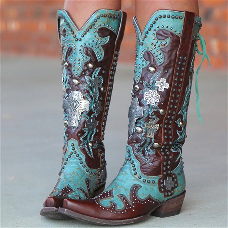 Women's Pointed Thick Heel Embroidered Printed Lace-up Mid-tube Boots - Frazeshop